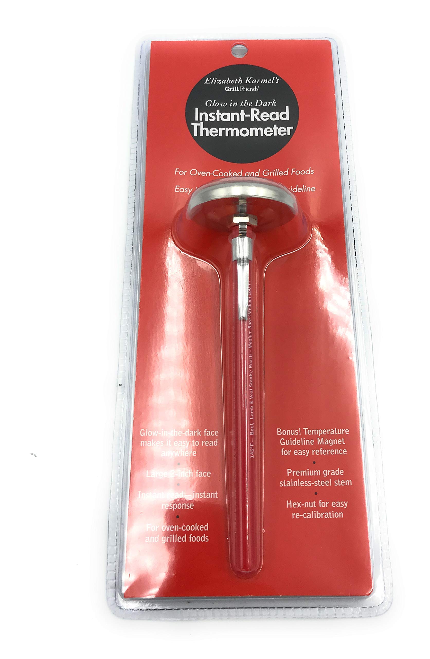 HIC Kitchen's Elizabeth Karmel Instant-Read Thermometer - 2-Inch Glow-in-The-Dark Face - Hex-Nut for Easy Re-Calibration - 5 End-Temperature Points - Free Reference Magnet Included