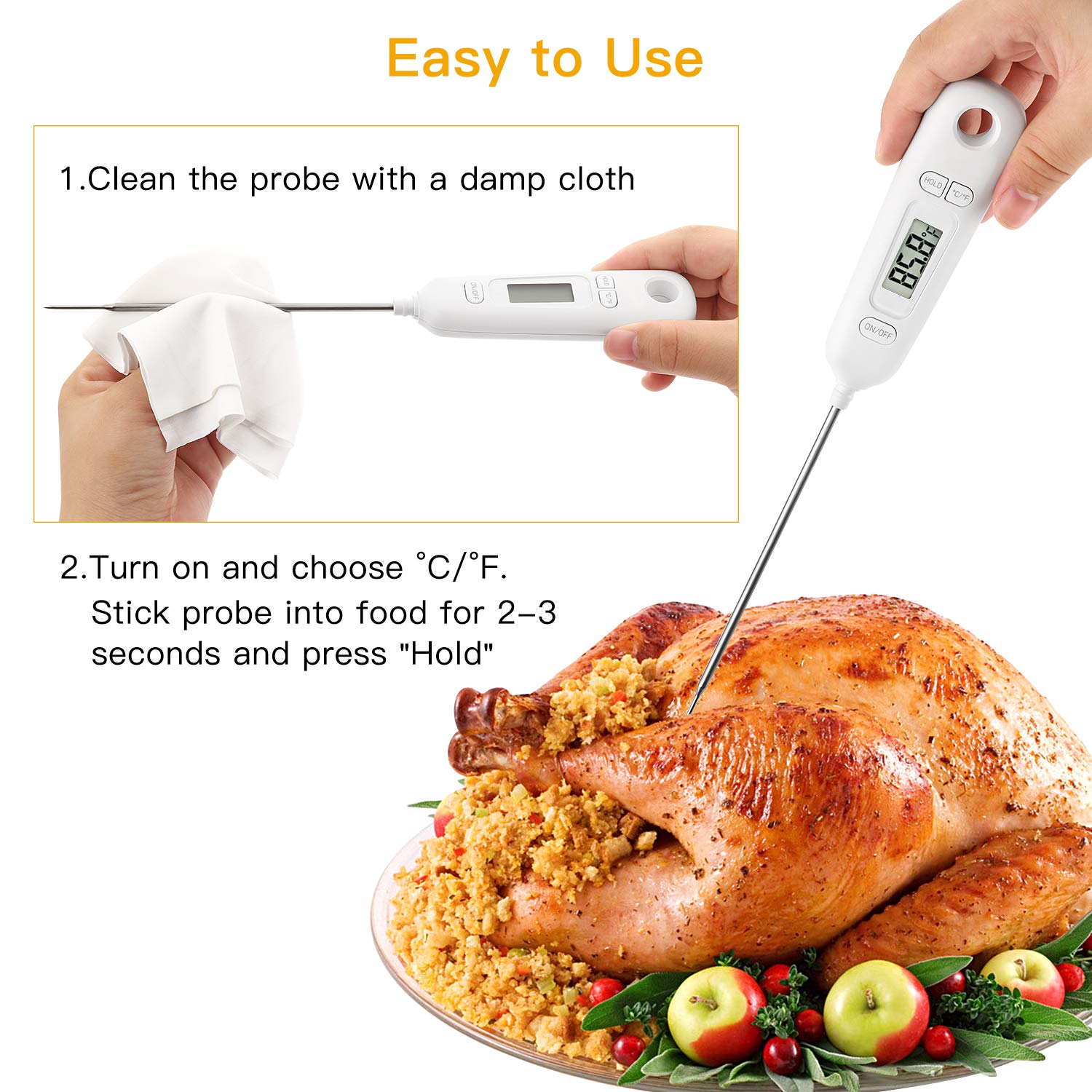 Regetek Instant Read Meat Thermometer Digital LCD Cooking with Long Probe Food Cooking Thermometer for Grill Oven BBQ Smoker Food Thermometer