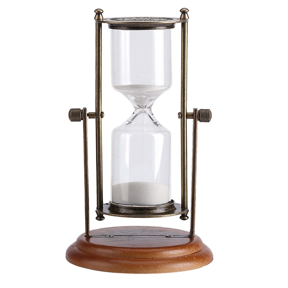 15 Minutes Hourglass Metal Glass Rotating Sand Timer with Wooden Base for Gifts Toy Home Office Desktop Decor