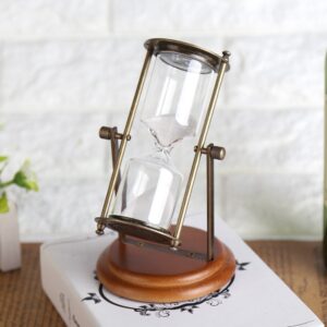 15 Minutes Hourglass Metal Glass Rotating Sand Timer with Wooden Base for Gifts Toy Home Office Desktop Decor