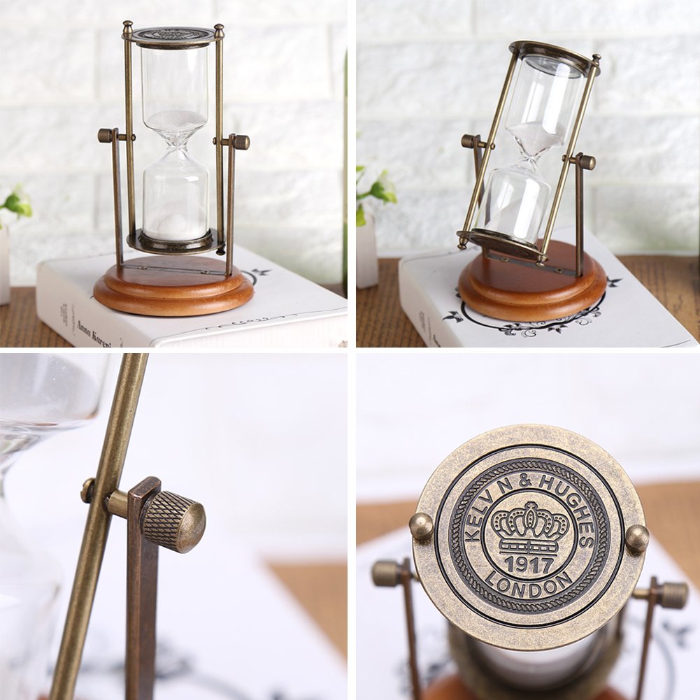 15 Minutes Hourglass Metal Glass Rotating Sand Timer with Wooden Base for Gifts Toy Home Office Desktop Decor