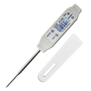 cem instant read digital meat thermometer for food, bread baking, water and liquid. waterproof and long probe with meat temp guide for cooking, display with backlit (white), dt-133a