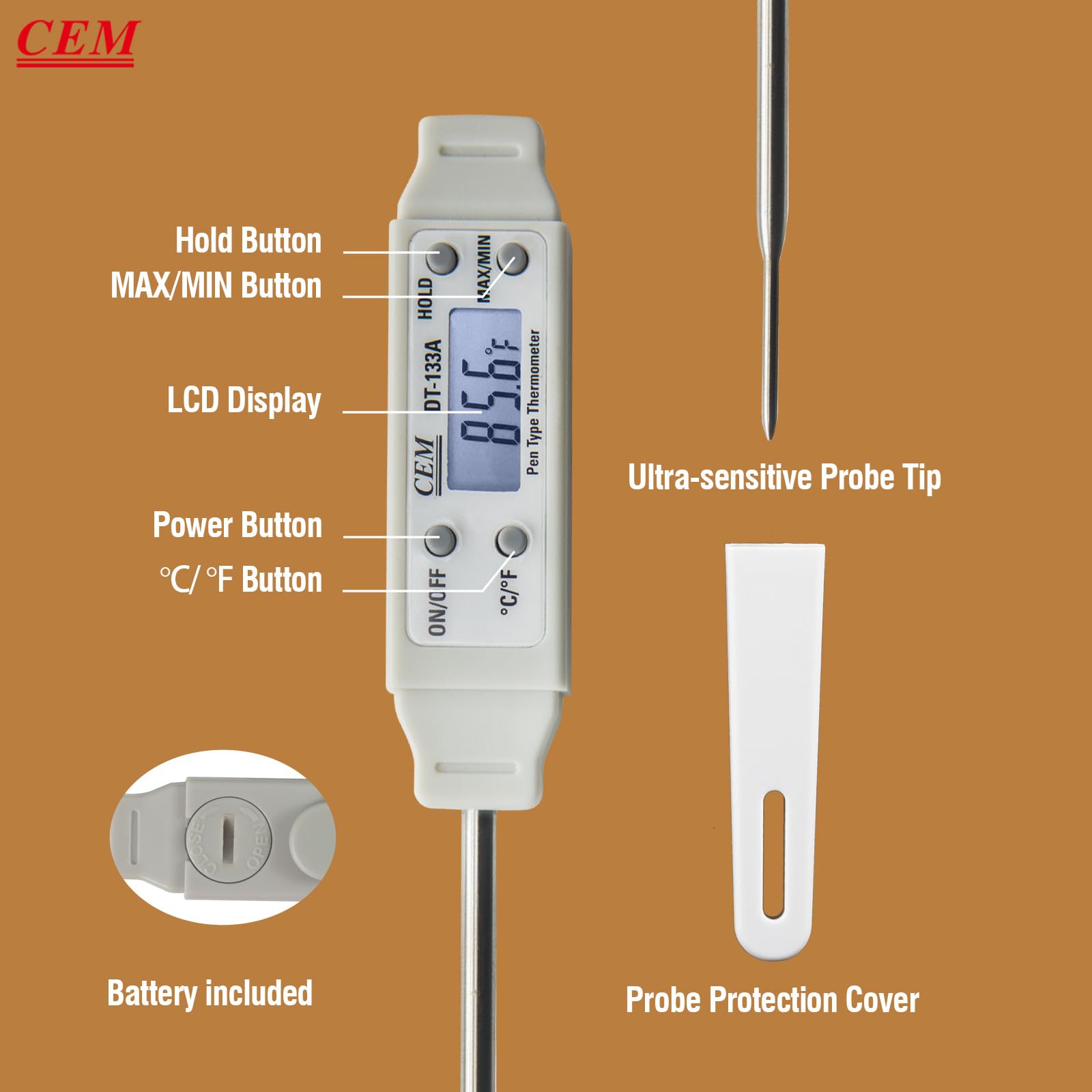 CEM Instant Read Digital Meat Thermometer for Food, Bread Baking, Water and Liquid. Waterproof and Long Probe with Meat Temp Guide for Cooking, Display with Backlit (White), DT-133A