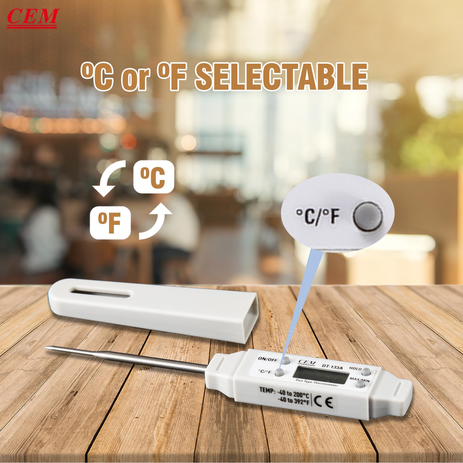 CEM Instant Read Digital Meat Thermometer for Food, Bread Baking, Water and Liquid. Waterproof and Long Probe with Meat Temp Guide for Cooking, Display with Backlit (White), DT-133A