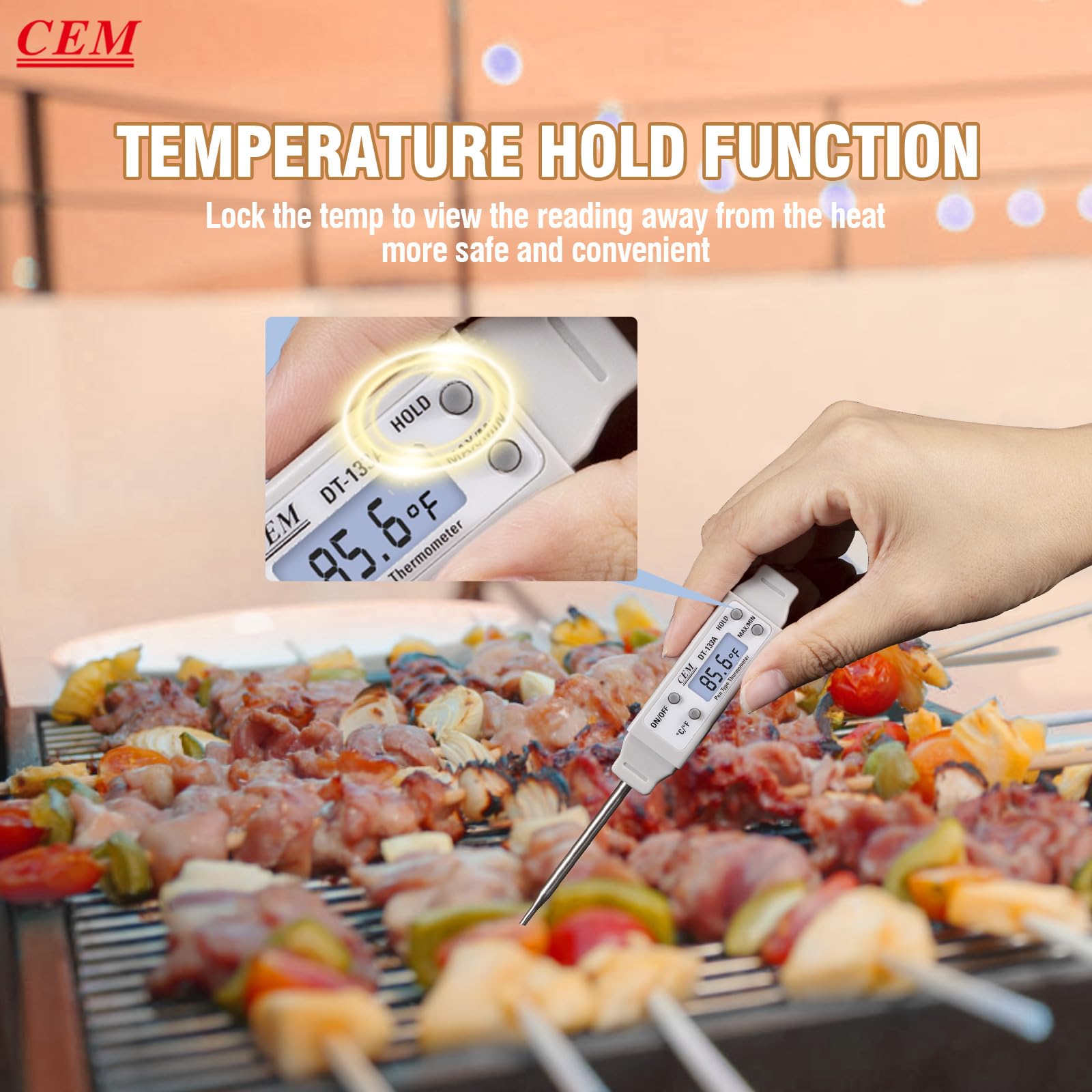 CEM Instant Read Digital Meat Thermometer for Food, Bread Baking, Water and Liquid. Waterproof and Long Probe with Meat Temp Guide for Cooking, Display with Backlit (White), DT-133A