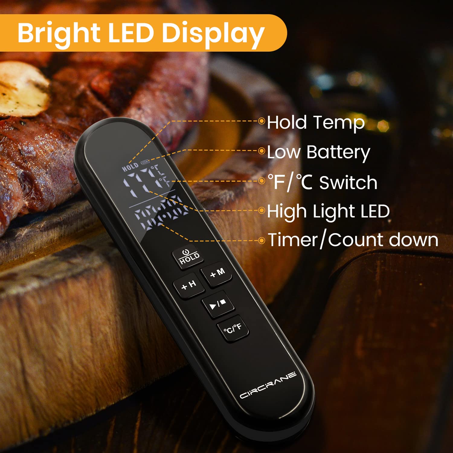 Circrane Digital Instant Read Thermometer, LED Hight Bright Screen with Huge Digits and Alarm, Meat Thermometer for Grilling, Cooking and BBQ, Black