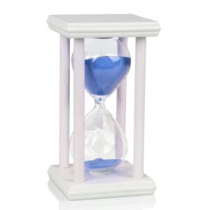 one hour hourglass sand timer wooden white frame stand sandglass clock timer for office kitchen home decor (blue sand, 60 min)