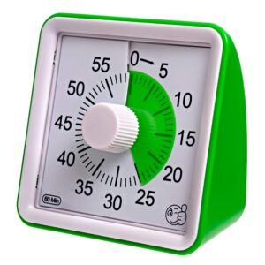 wynnline 60-minute visual analog timer - countdown clock for classroom, kids with autism, silent, no loud ticking – kitchen minute timer with low & high, 3 & 60 sec alarm, green