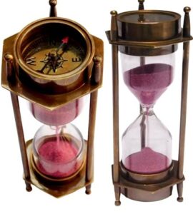 meridian nauticals 6" hand made solid brass decorative sand timer 3 min hour glass with fully functional compasses