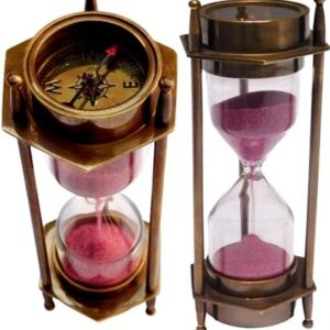 MERIDIAN NAUTICALS 6" Hand Made Solid Brass Decorative Sand Timer 3 min Hour Glass with Fully Functional Compasses