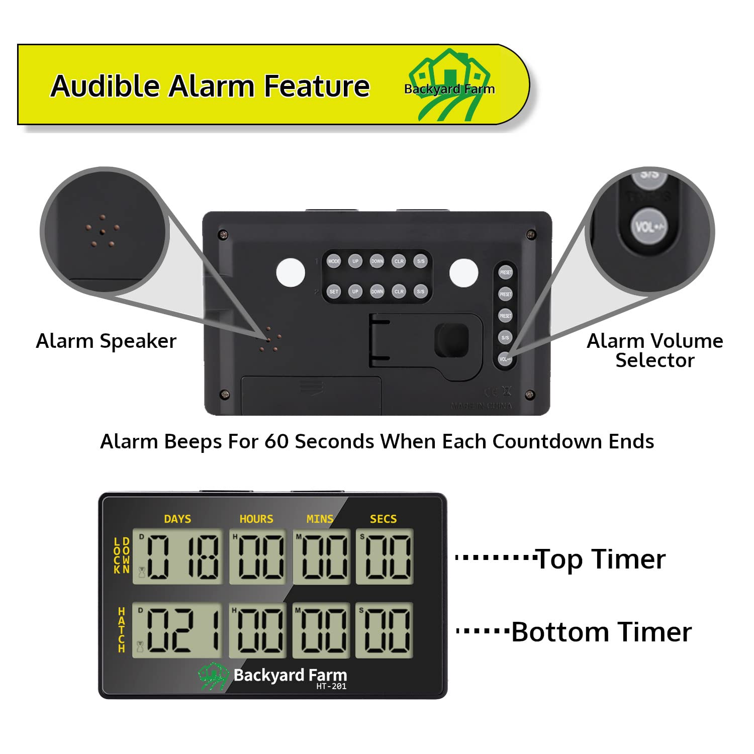 BACKYARD FARM Dual Countdown Egg Incubator Double Timer for Timing Days/Hours/Minutes/Seconds Time Two Events When Incubating & Hatching Chick Quail Bird Duck or Reptile Eggs