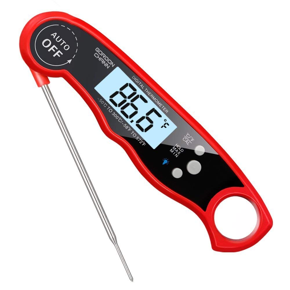 GordonChann Instant Read Meat Thermometer Waterproof Thermometer with Large Backlit LCD Calibration and Backlight Functions Thermometer for BBQ. Meat. Tea. Milk. Soup. (red)