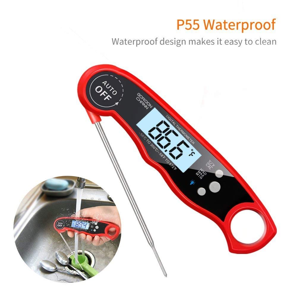 GordonChann Instant Read Meat Thermometer Waterproof Thermometer with Large Backlit LCD Calibration and Backlight Functions Thermometer for BBQ. Meat. Tea. Milk. Soup. (red)