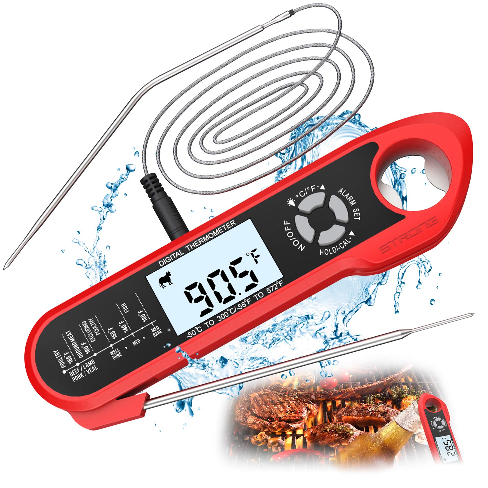 WHOUSEWE Kitchen Meat Thermometer Instant Read, 2 Probes Digital Thermometer for Cooking, Baking, Turkey, BBQ, Alarm Set, 2 in 1 Function Thermometer