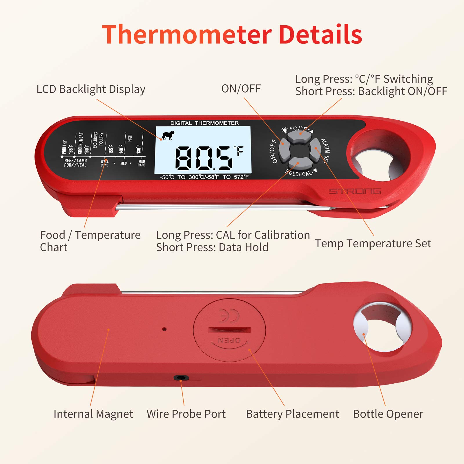 WHOUSEWE Kitchen Meat Thermometer Instant Read, 2 Probes Digital Thermometer for Cooking, Baking, Turkey, BBQ, Alarm Set, 2 in 1 Function Thermometer