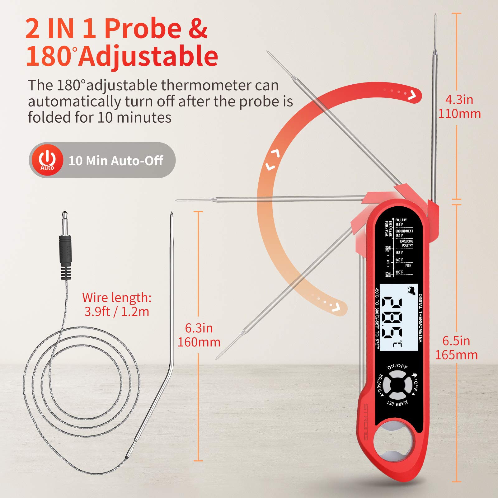 WHOUSEWE Kitchen Meat Thermometer Instant Read, 2 Probes Digital Thermometer for Cooking, Baking, Turkey, BBQ, Alarm Set, 2 in 1 Function Thermometer