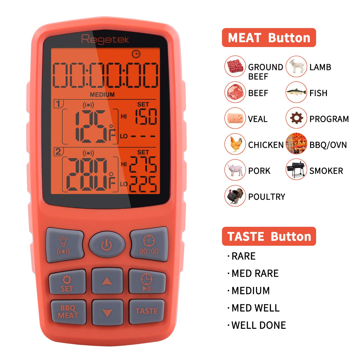 [Upgraded] Regetek Cooking Food Meat Grill Thermometer Clock Timer Alarm for Smoker Oven Kitchen BBQ Dual Probe Digital LCD Backlight Thermometer