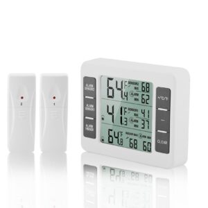 Digital Refrigerater Therometer, Wireless Digital Audible Alarm Fridge Freezer Thermometer with 2PCS Sensor Min/Max Display.