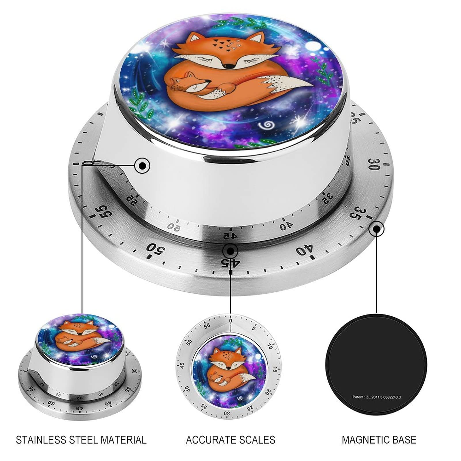 Kitchen Timer, Kitchen Timers for Cooking, Kitchen Timer Magnetic, Fox with Space Pattern Pattern Waterproof Time Timer Stainless Steel Multiuse for Home Baking Cooking Oven