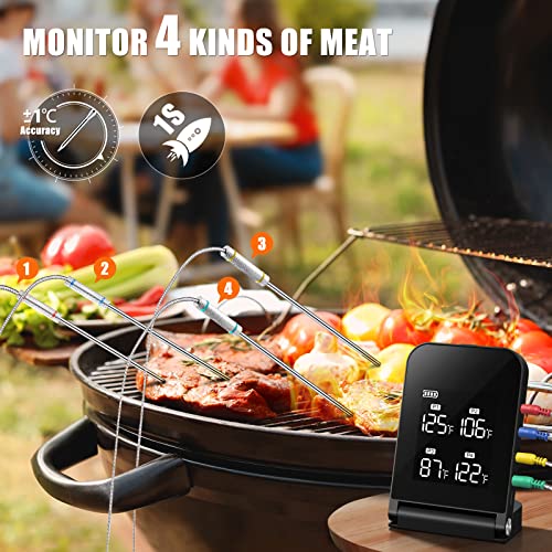 Wireless Bluetooth Meat Thermometer Probe: 4 Food Temp Probes for Cooking and Grilling - Smart Digital Internal BBQ Thermometer with App - Kitchen Temperature Monitoring for Oven Grill Barbecue Smoker