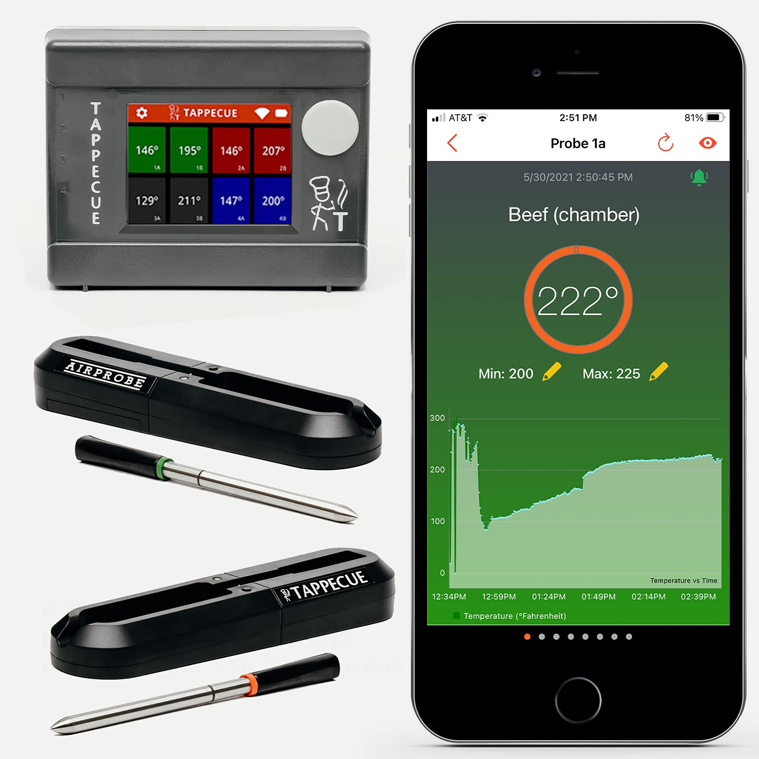 Tappecue AirProbe Deluxe Bundle - Smart WiFi and Wireless Meat Thermometer for Cooking, Internet Enabled Cloud Storage & Alarm, Works with Android & iOS Apps