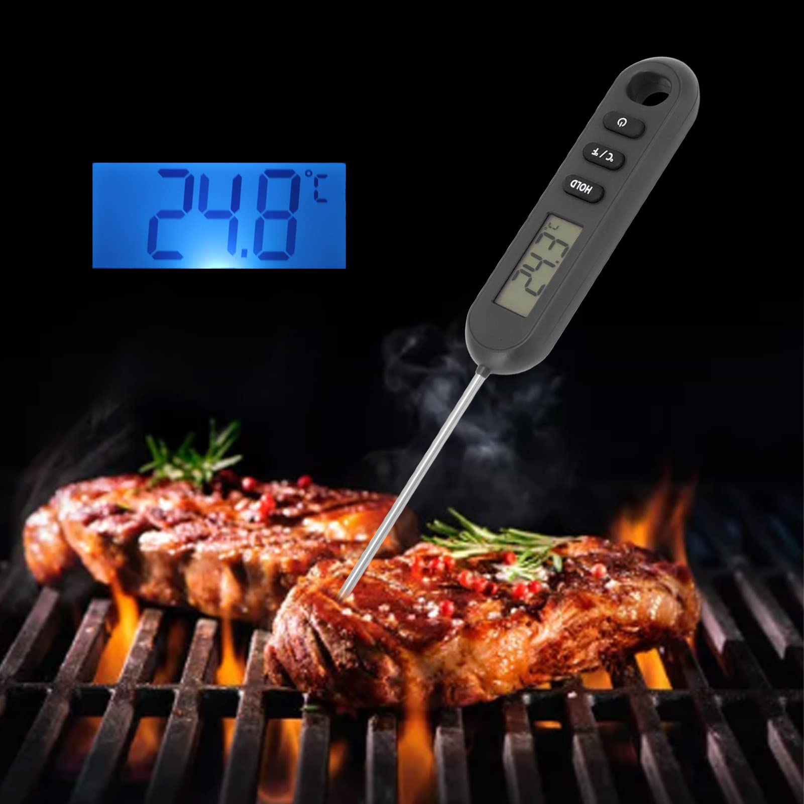 Instant Read Meat Thermometer, Long Probe Cooking Thermometer Calibration Function Accurate with Hanging Hole for Kitchen (Black)