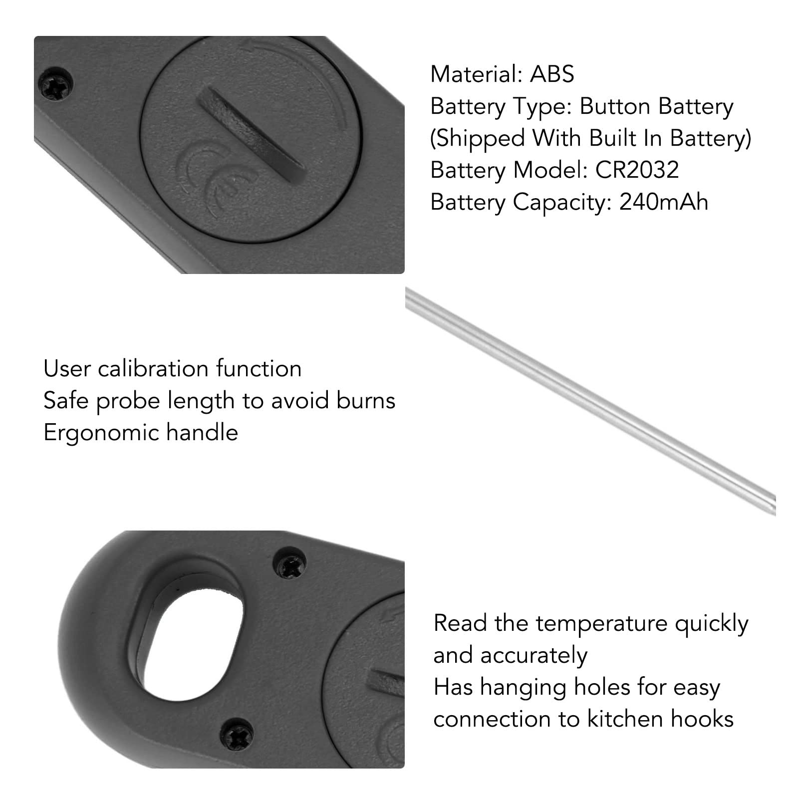 Instant Read Meat Thermometer, Long Probe Cooking Thermometer Calibration Function Accurate with Hanging Hole for Kitchen (Black)