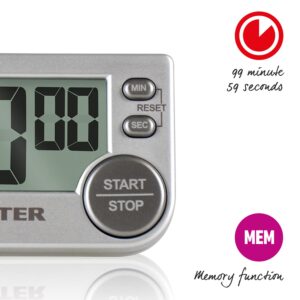 Salter 397 SVXR Electric Timer, Digital Stopwatch, Memory Function, Magnetic or Self Standing, Stick on Fridge, Count Up/Down, 99 Min 59 Sec, Beeper Sound, Start/Stop Button, Grey,1.5D x 5.2W x 7.6Hcm