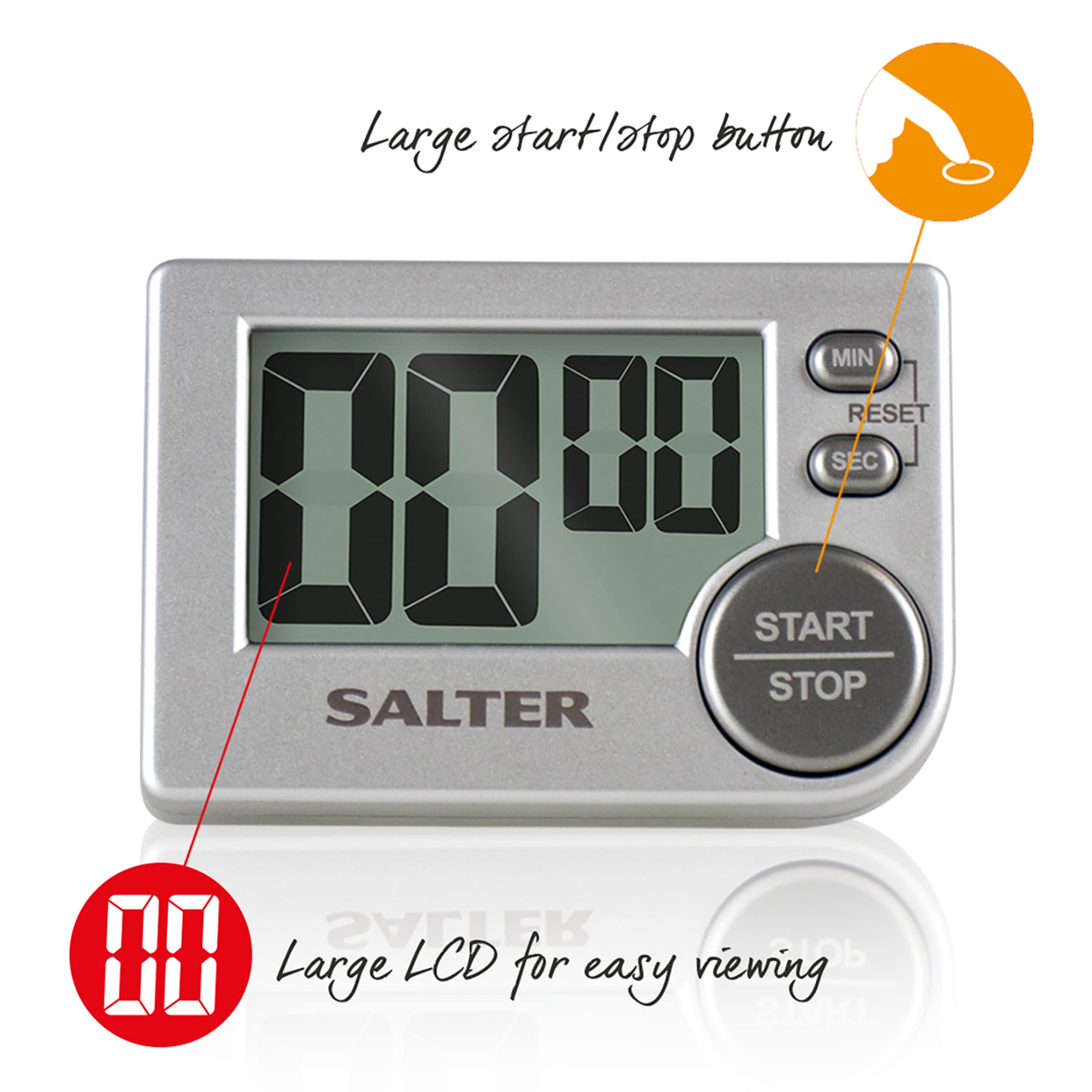 Salter 397 SVXR Electric Timer, Digital Stopwatch, Memory Function, Magnetic or Self Standing, Stick on Fridge, Count Up/Down, 99 Min 59 Sec, Beeper Sound, Start/Stop Button, Grey,1.5D x 5.2W x 7.6Hcm