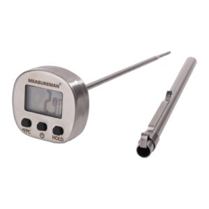 measureman digital instant read meat thermometer 304 stainless steel case and 5" probe,back entry, hold, on/off, c/f, stainless steel pocket and clip, battery powered, -58-572f/c