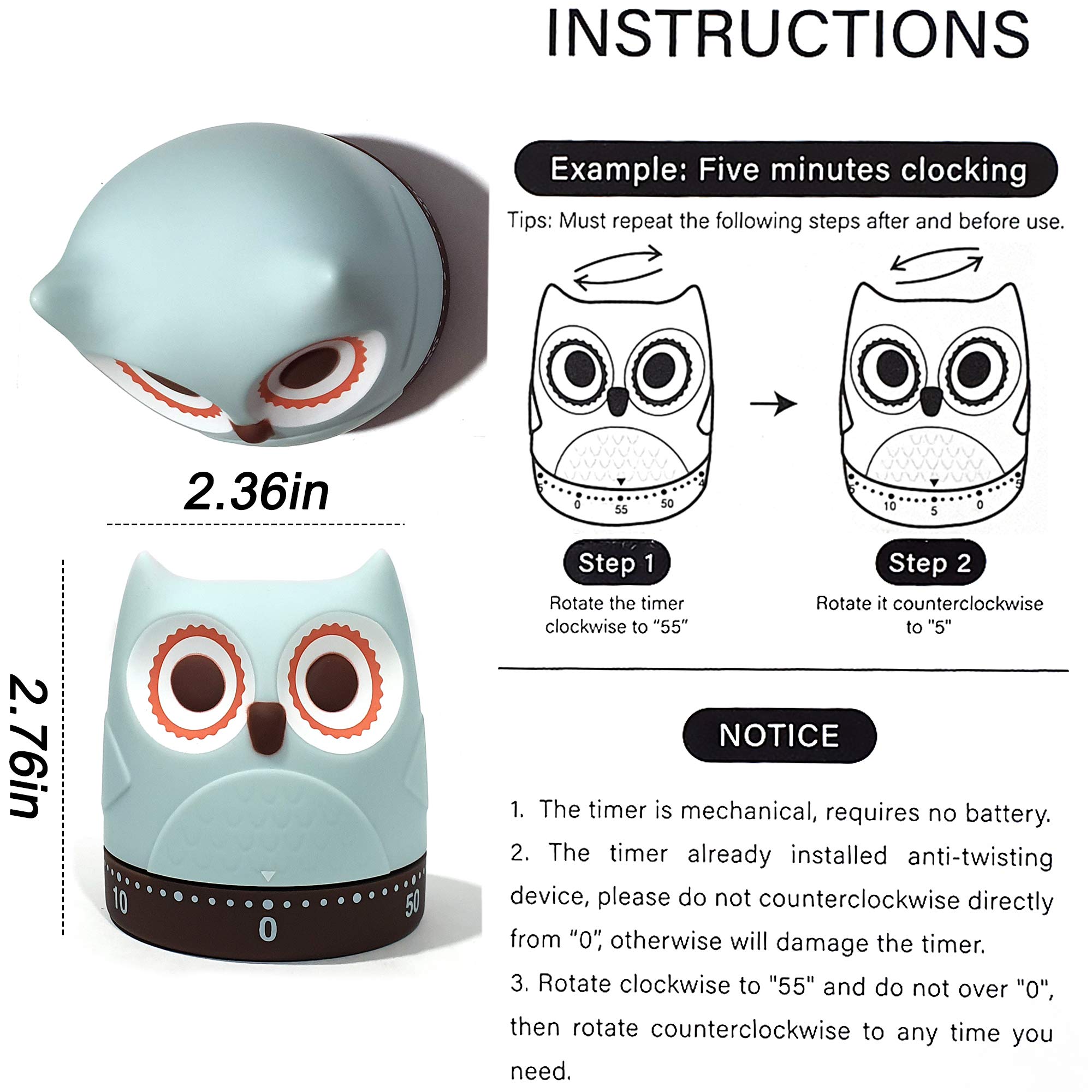 Cartoon Owl Chick Mechanical Timers 60 Minutes Kitchen Cooking Timer Clock Loud Alarm Counters Mini Size Manual No Batteries Required, 100% Mechanical - Magnetic Backing, Timer for Study. (Owl)