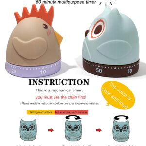 Cartoon Owl Chick Mechanical Timers 60 Minutes Kitchen Cooking Timer Clock Loud Alarm Counters Mini Size Manual No Batteries Required, 100% Mechanical - Magnetic Backing, Timer for Study. (Owl)