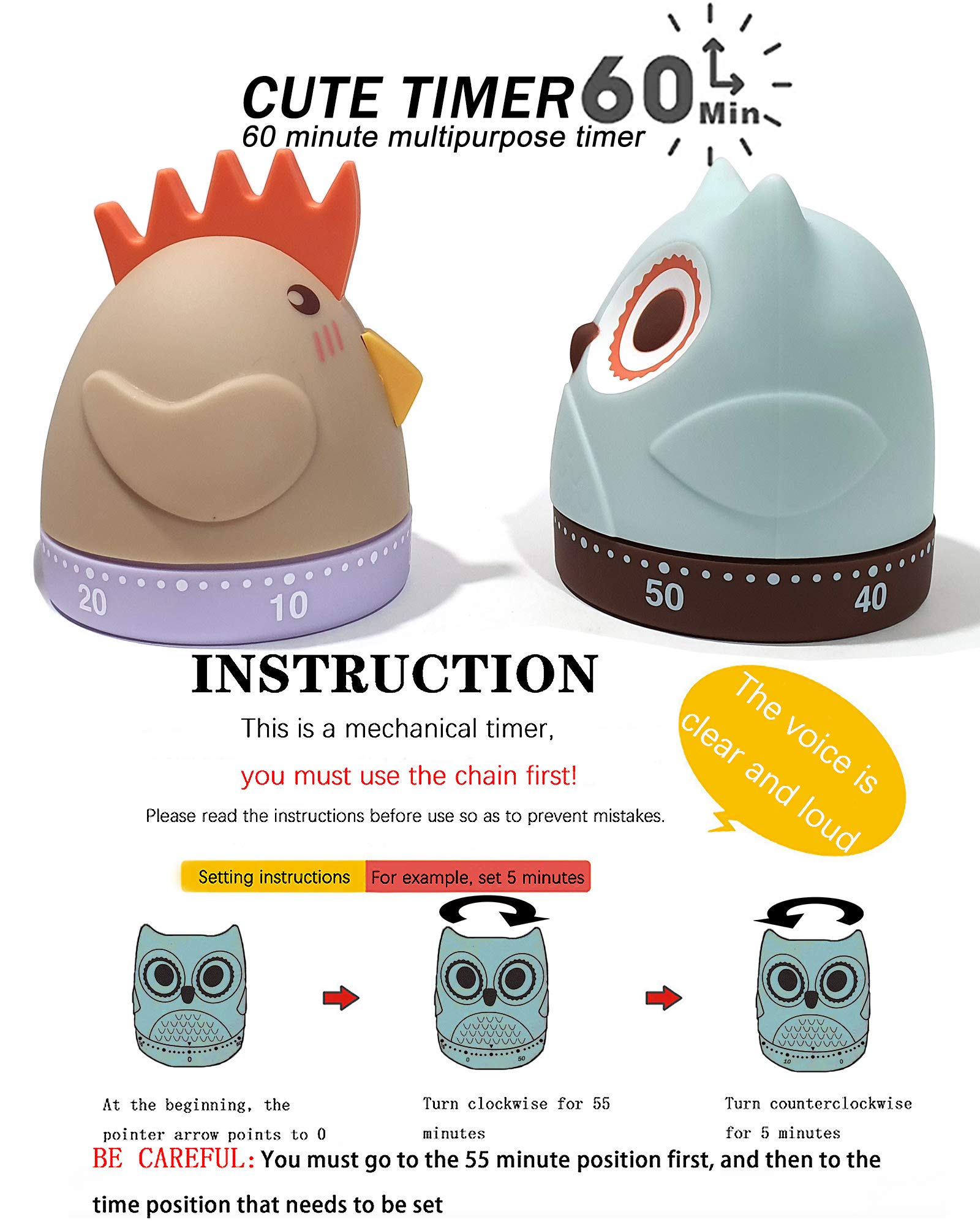 Cartoon Owl Chick Mechanical Timers 60 Minutes Kitchen Cooking Timer Clock Loud Alarm Counters Mini Size Manual No Batteries Required, 100% Mechanical - Magnetic Backing, Timer for Study. (Owl)