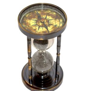 hassanhandicrafts antique brass & glass black sand timer hourglass nautical maritime sandtimer compass on both side compasscollectible, shelf desk decor