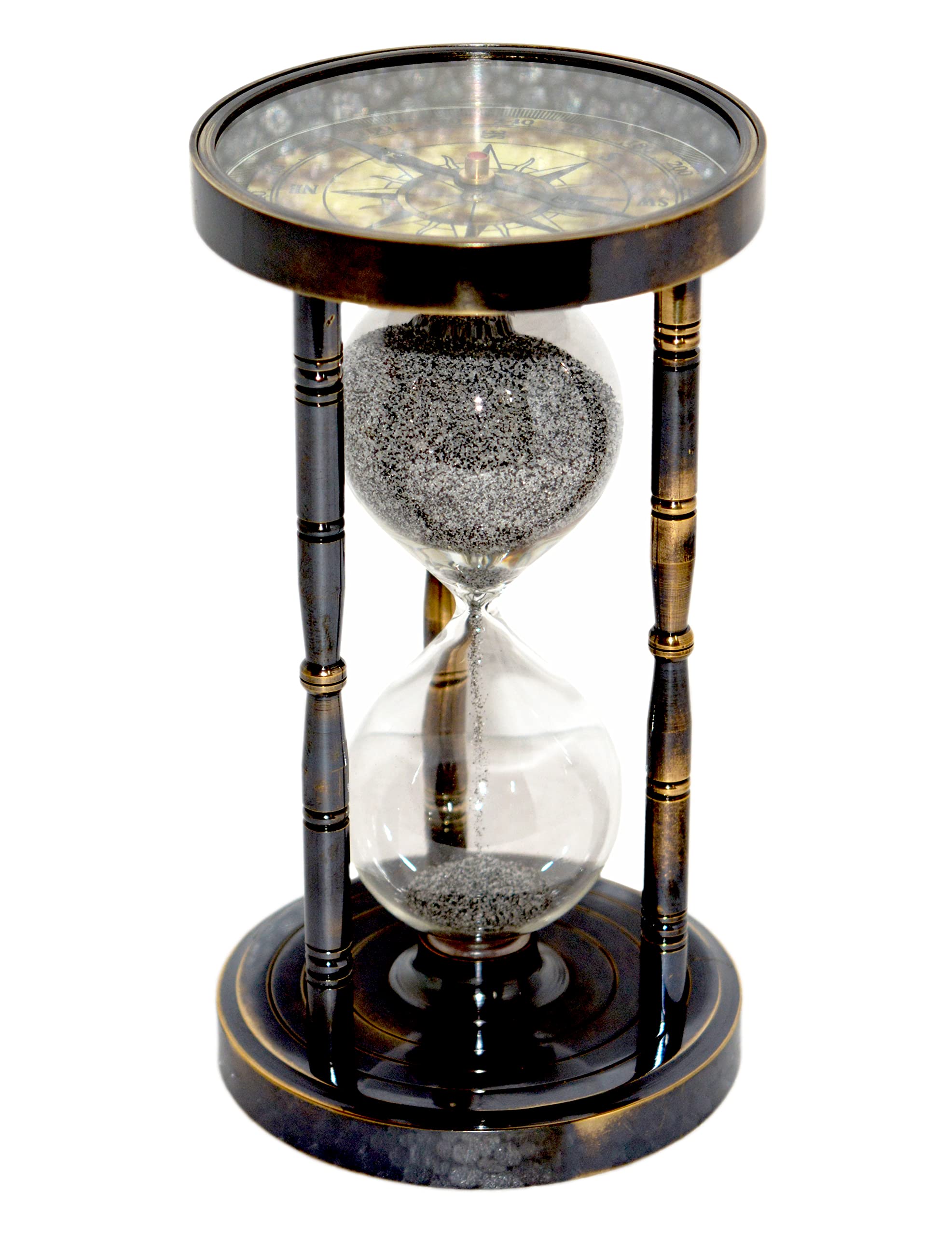 Hassanhandicrafts Antique Brass & Glass Black Sand Timer Hourglass Nautical Maritime SandTimer Compass on Both Side CompassCollectible, Shelf Desk Decor