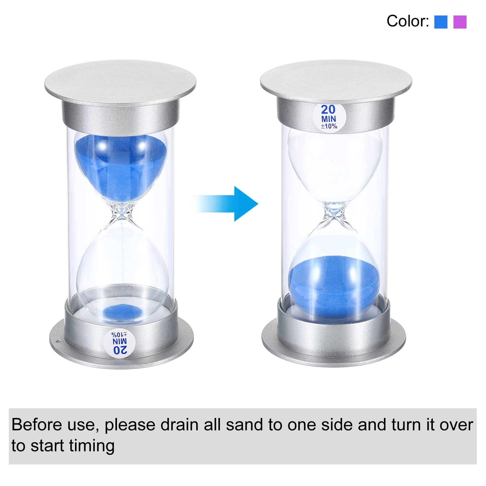 PATIKIL 20 Minute Sand Timer, Sandy Clock with Plastic Cover Count Down Sand Glass for Games, Kitchen, Party Favors DIY Decoration, Blue, Purple Sands