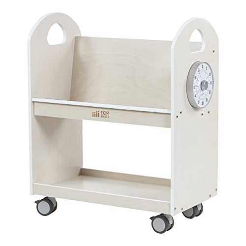 ECR4Kids Mobile Book Cart with Countdown Timer, Classroom Bookshelf, 29.3"D x 15.75"W x 34.25"H, White Wash