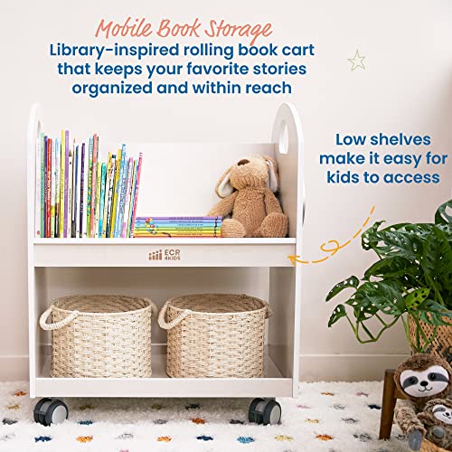 ECR4Kids Mobile Book Cart with Countdown Timer, Classroom Bookshelf, 29.3"D x 15.75"W x 34.25"H, White Wash