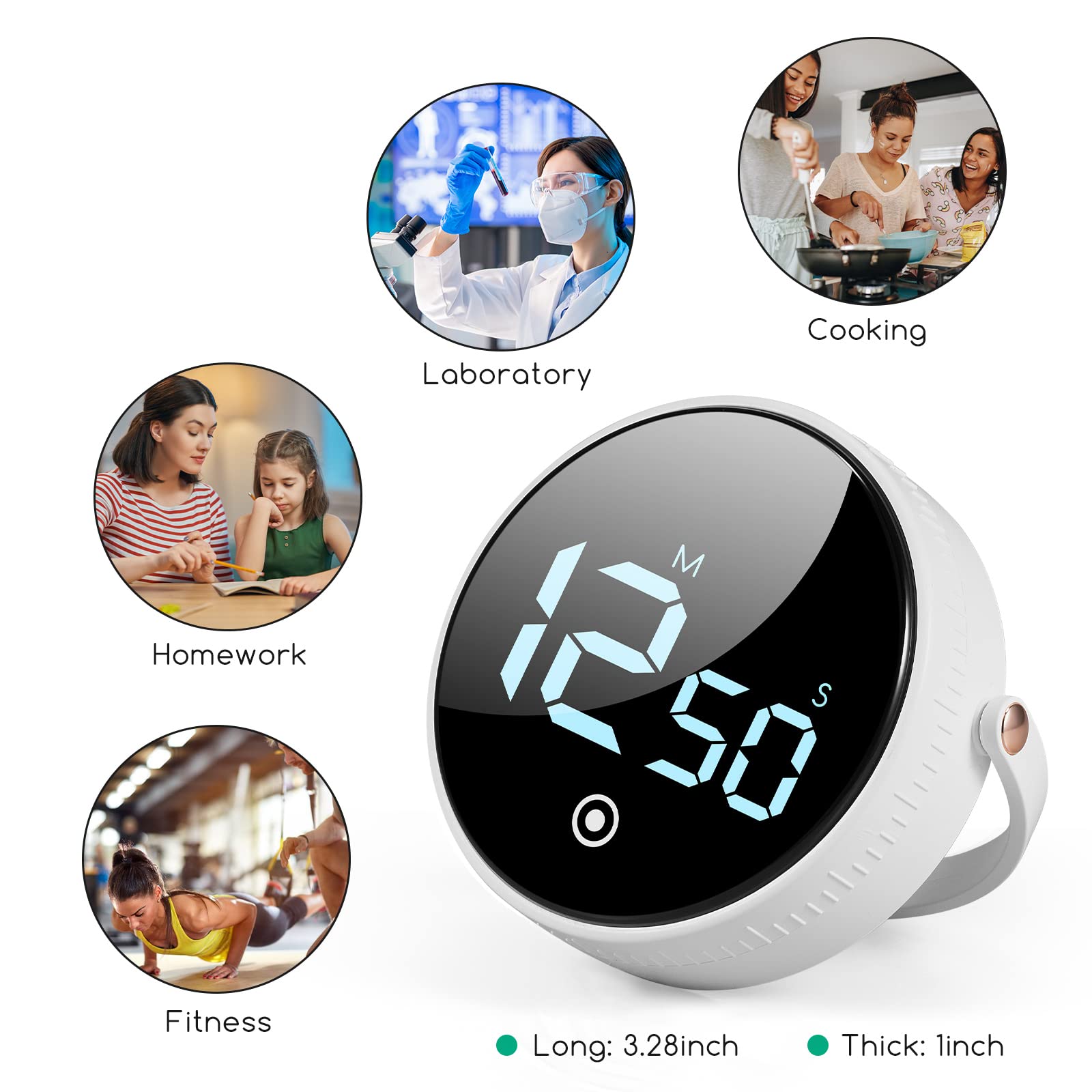 Digital Kitchen Timer for Cooking, Timer Large Display Magnetic, Countdown Timer with 3-Level Volume Adjustable Easy for Cooking and Led Timers for Seniors and Kids to Use (White)