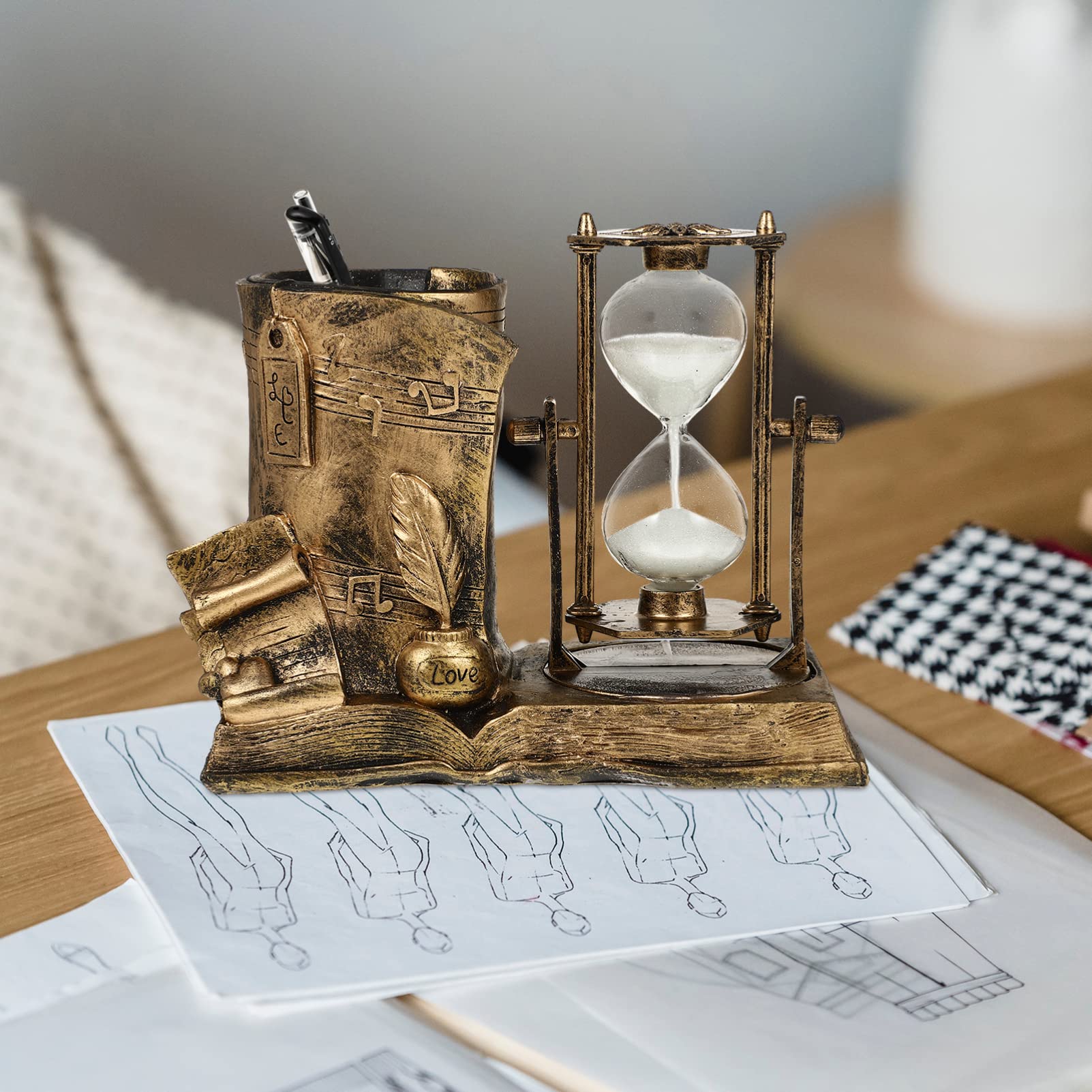 BESPORTBLE Vintage Hourglass Pen Holder Sand Timer Desktop Hourglass Sand Clock Resin Time Management Tool for Home School Office Decoration Golden