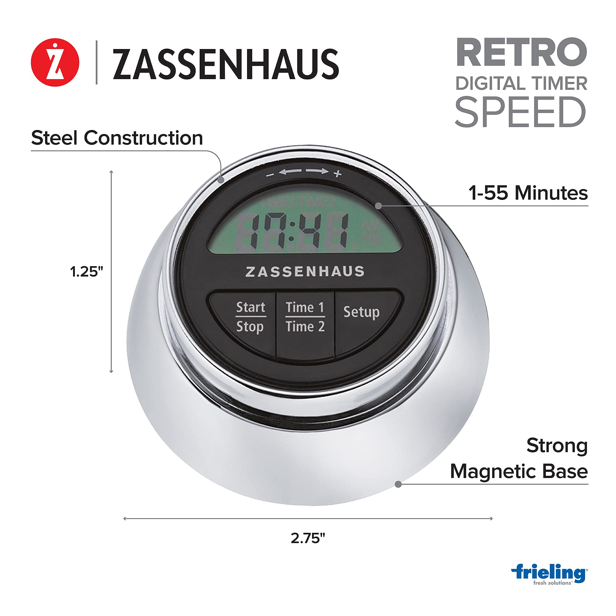 Zassenhaus Magnetic Retro Digital Kitchen Timer, 2.75-Inch, Silver