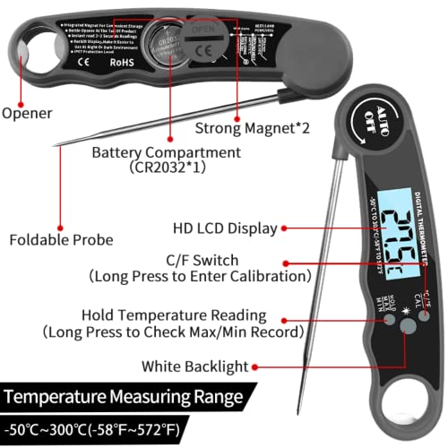 Instant Read Digital Meat Thermometer Waterproof (IP67) Read Food Thermometer for Cooking, Grilling, BBQ and Roast with Backlight Foldable Kitchen Probe Gadget.| Digital Meat Thermometer