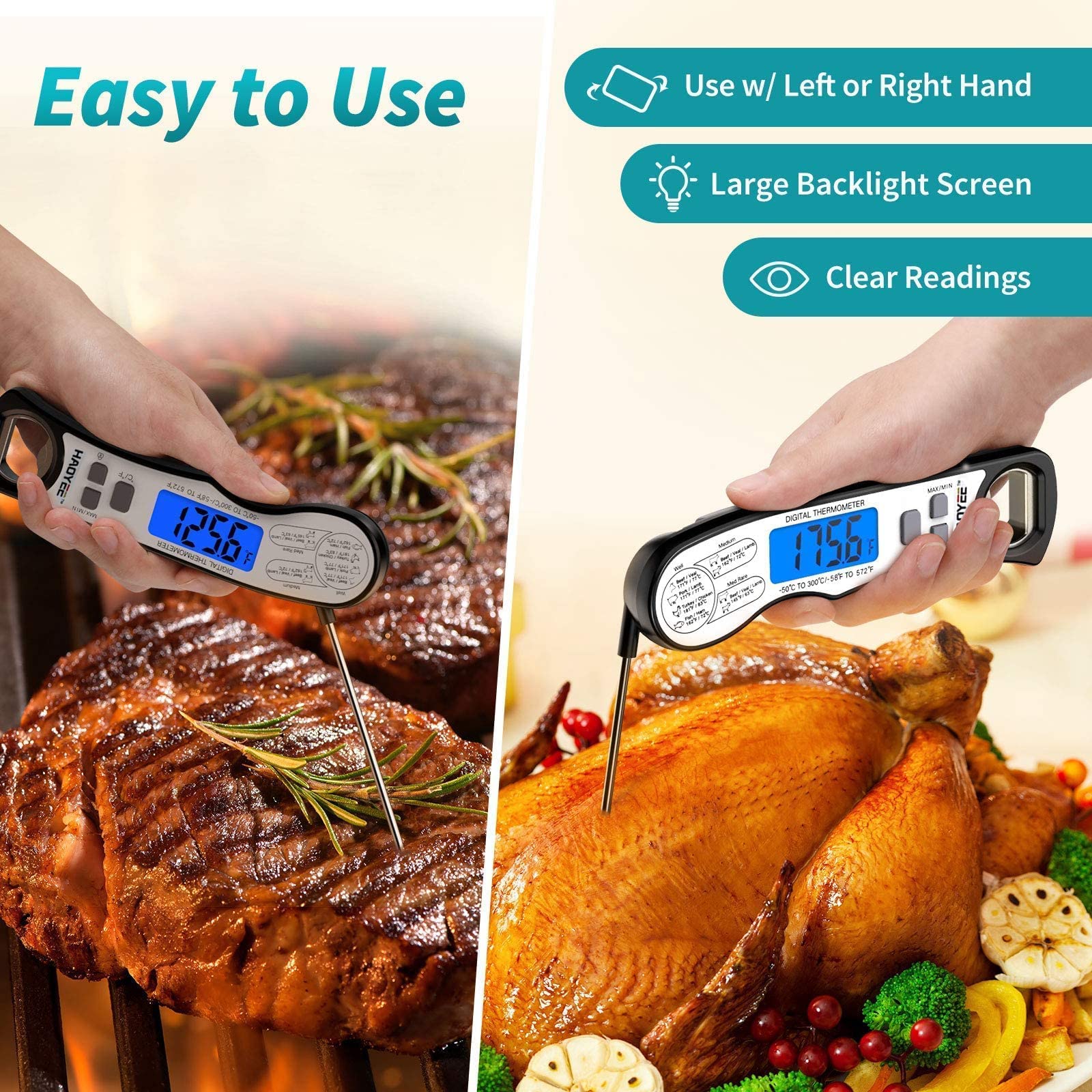 HAOYEE Digital Meat Thermometer, Premium Multifunctional Food Thermometer with LCD Display, Long Probe and Magnetic, Suitable for Home and Kitchen Barbecue Edible Oil Frying, Baking, etc.