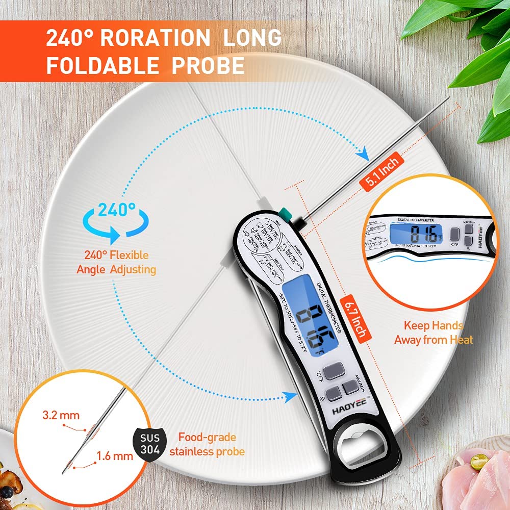 HAOYEE Digital Meat Thermometer, Premium Multifunctional Food Thermometer with LCD Display, Long Probe and Magnetic, Suitable for Home and Kitchen Barbecue Edible Oil Frying, Baking, etc.