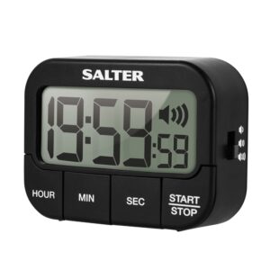 salter kitchen digital display count up or countdown timer, adjustable loud beeper, large start/stop button, memory function, magnetic or self standing-black, plastic