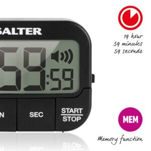 Salter Kitchen Digital Display Count up or Countdown Timer, Adjustable Loud Beeper, Large Start/Stop Button, Memory Function, Magnetic or Self Standing-Black, Plastic