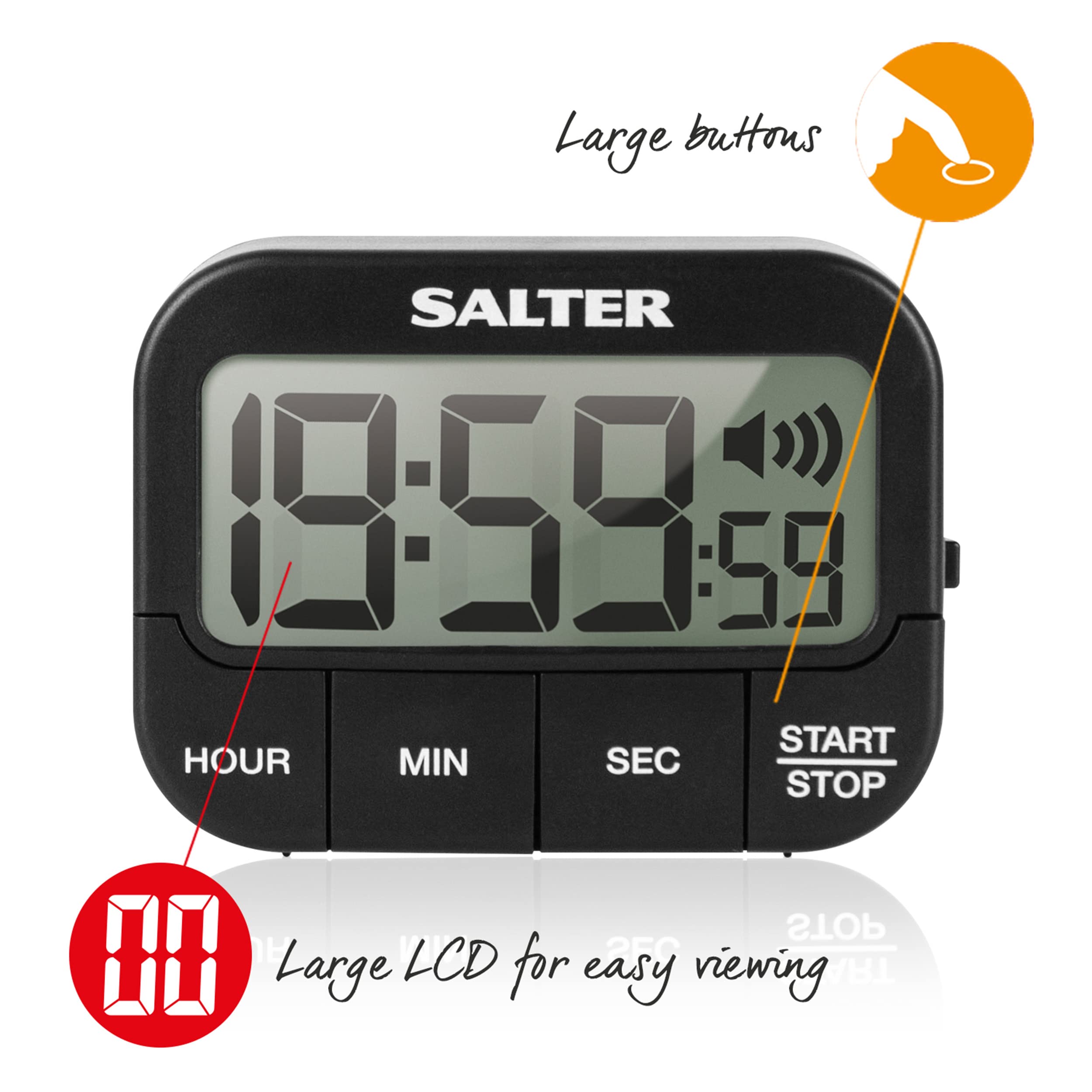 Salter Kitchen Digital Display Count up or Countdown Timer, Adjustable Loud Beeper, Large Start/Stop Button, Memory Function, Magnetic or Self Standing-Black, Plastic
