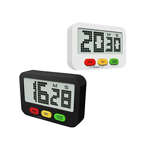 U-Trak 2 Pack Digital Kitchen Timer Simple Cooking Timer Count Up/Countdown Functions, Large LCD Display, Strong Magnet Back&Hidden Stand for Cooking Baking Workout Pilates Yoga Black and White