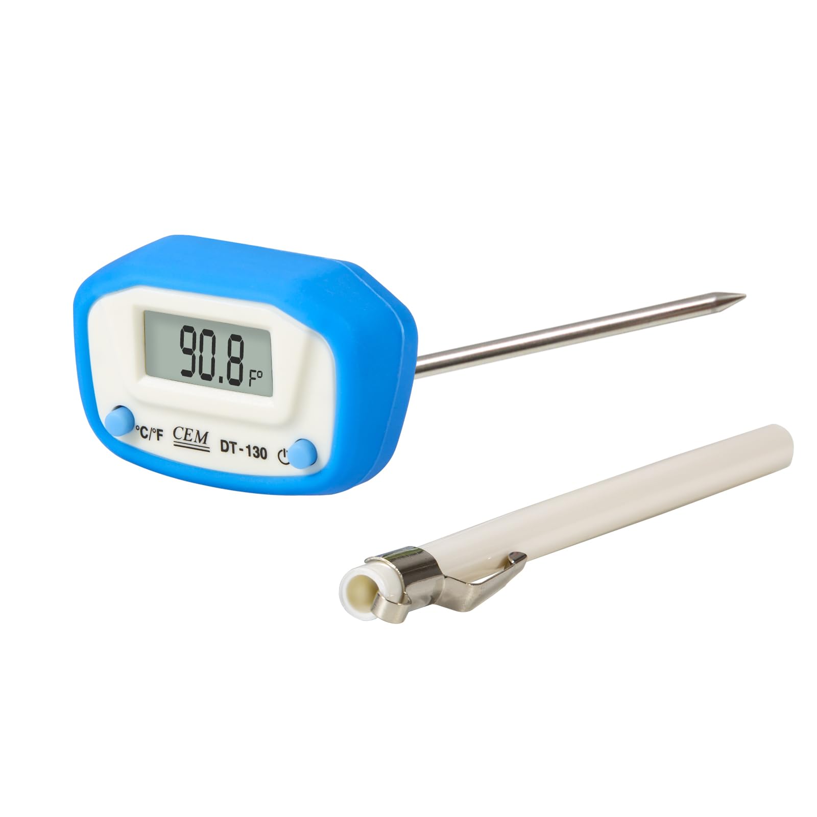 CEM Instant Read Digital Meat Thermometer for Food, Bread Baking, Water, and Liquid. Waterproof and Long Probe with Meat Temp Guide for Cooking, Display with Backlit DT-130(Blue)