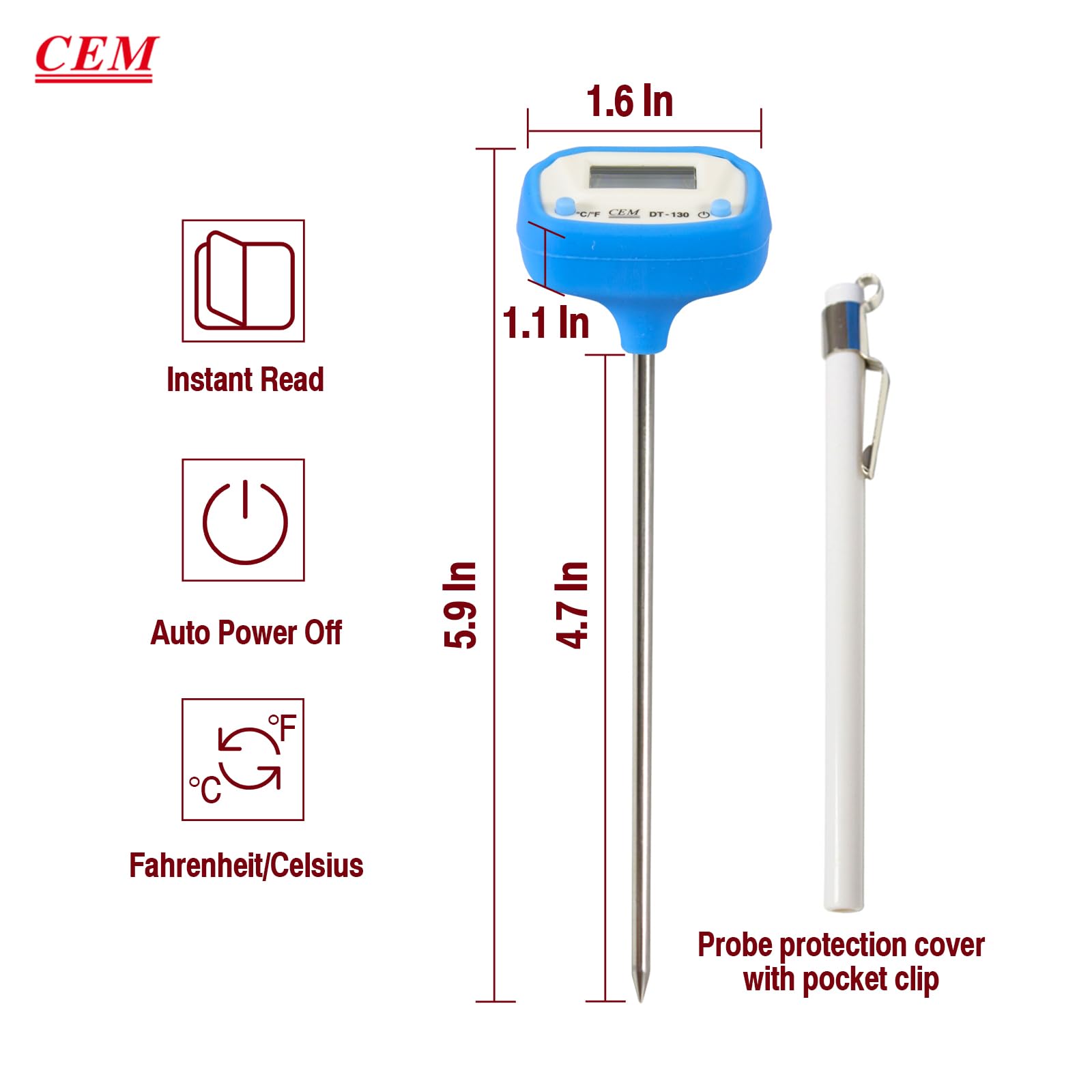 CEM Instant Read Digital Meat Thermometer for Food, Bread Baking, Water, and Liquid. Waterproof and Long Probe with Meat Temp Guide for Cooking, Display with Backlit DT-130(Blue)